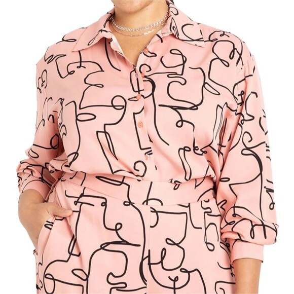 Eloquii Pink Button Down Top Long Sleeve Shirt Abstract Squiggle Print Plus 22 - Picture 2 of 15